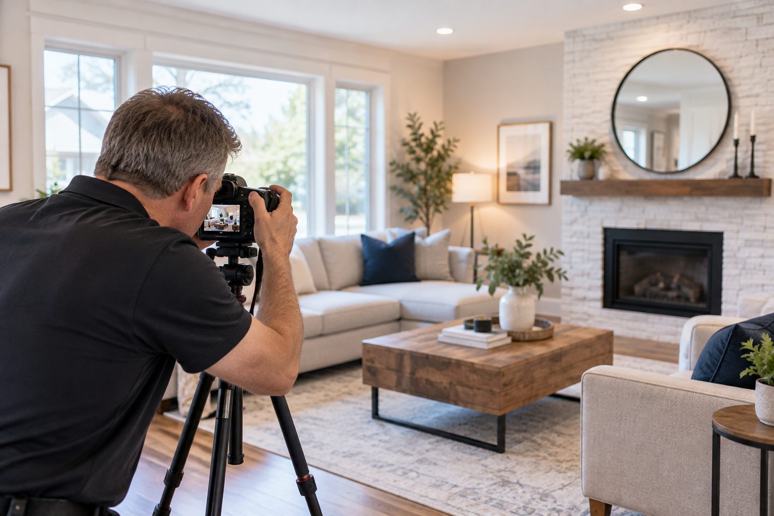 Photographer Capturing a Staged Living Room